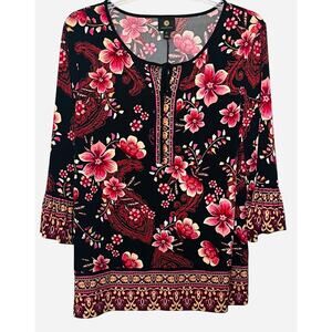 JM COLLECTION LONG BELL SLV PULL-OVER TUNIC BLOUSE, WOMENS-XL-BLACK PINK YELL OR